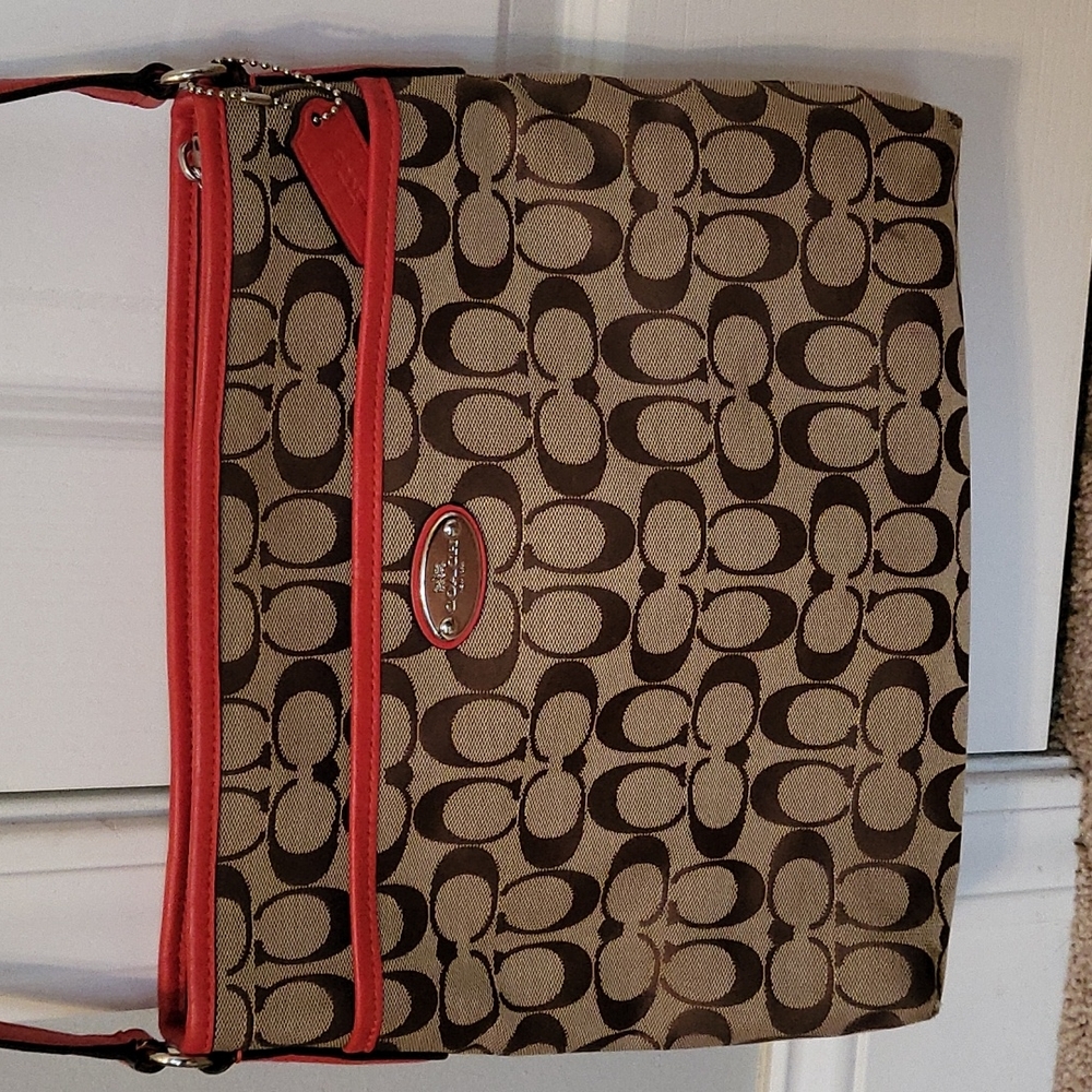 Coach Crossbody File Signature Canvas Zip Shoulder Bag, Khaki/Orange